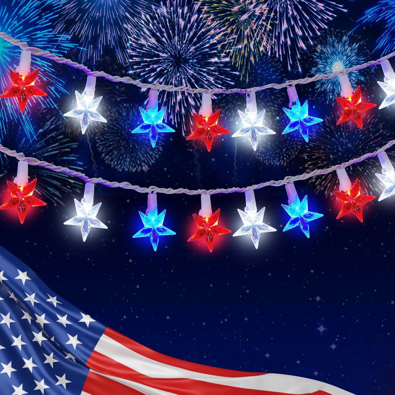 100 LED Red White and Blue Star Lights, 37FT 4th of July Decorations Star String Lights